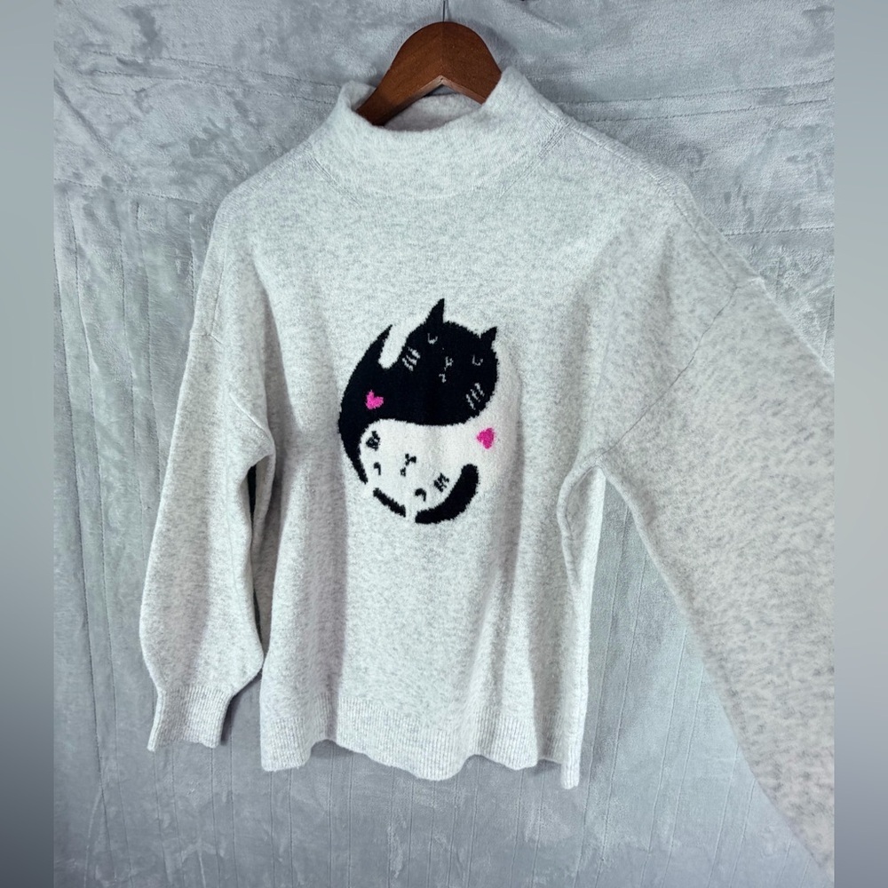LOFT womens mock neck cat graphic sweater size large gray soft knit - Picture 3 of 8
